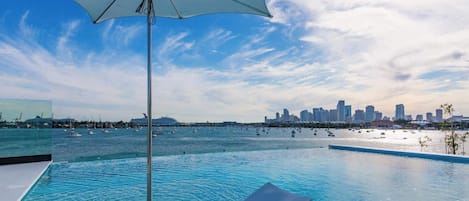 A pool with a city skyline in the background, a clear sky, and a large umbrella.