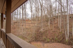A wooden deck with a view of a forested area and a distant building.