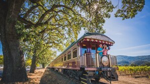 Ein alter Zugwaggon mit überdachter Plattform, Fahrgästen und einem Weinberg im Hintergrund.