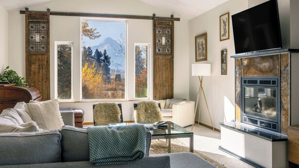 A modern living room with a large window, a fireplace, and a television. - Slope View (Parkdale)