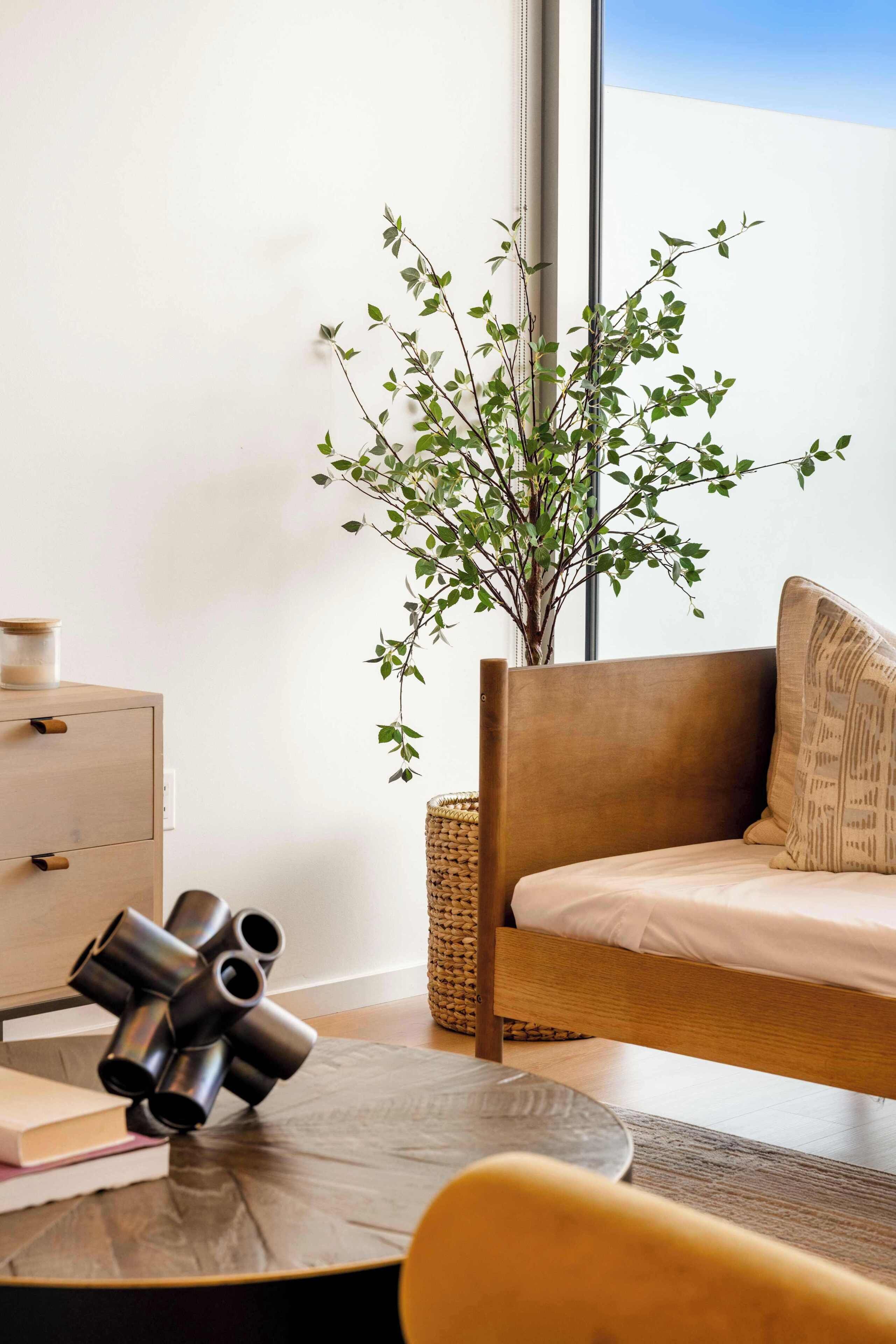 A modern living room with a sofa, a coffee table, a side table, a plant, and a window with a view.