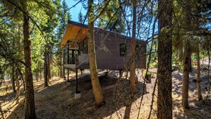 A modern cabin with a large deck, surrounded by tall trees. - Happenstance Vineyards King Rooms (Mosier)
