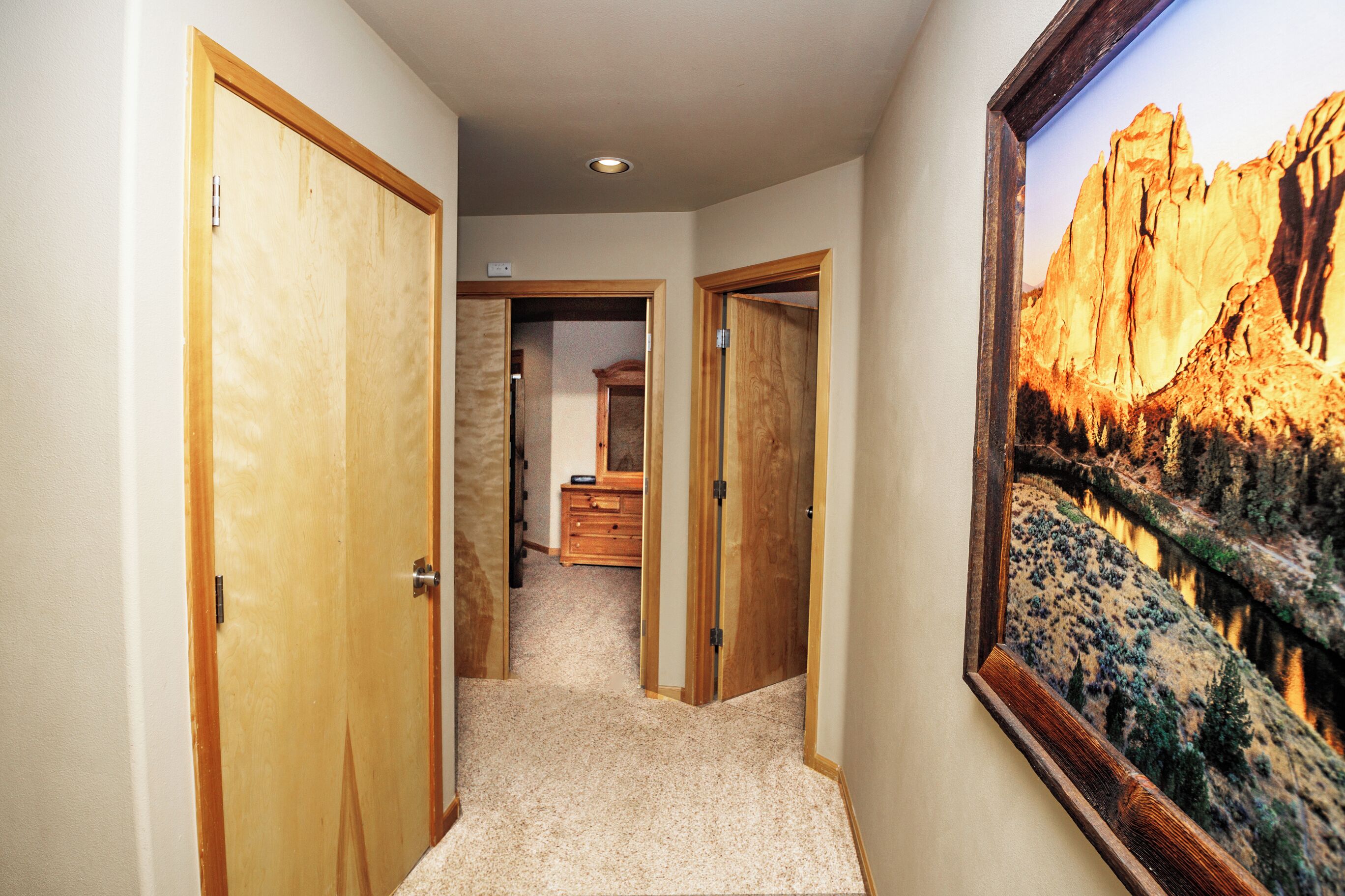 Un couloir avec des portes en bois, un revêtement de sol en moquette et un tableau représentant un paysage, encadré, accroché au mur.