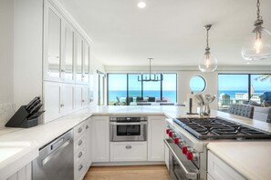 Fridge, microwave, oven, stovetop - Oceanfront Neptune Ave Home | Panoramic Views, Luxury Coastal Living, Walk To The Beach (Encinitas)