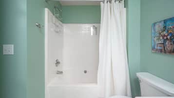 Une salle de bain avec une baignoire, une douche et des toilettes.