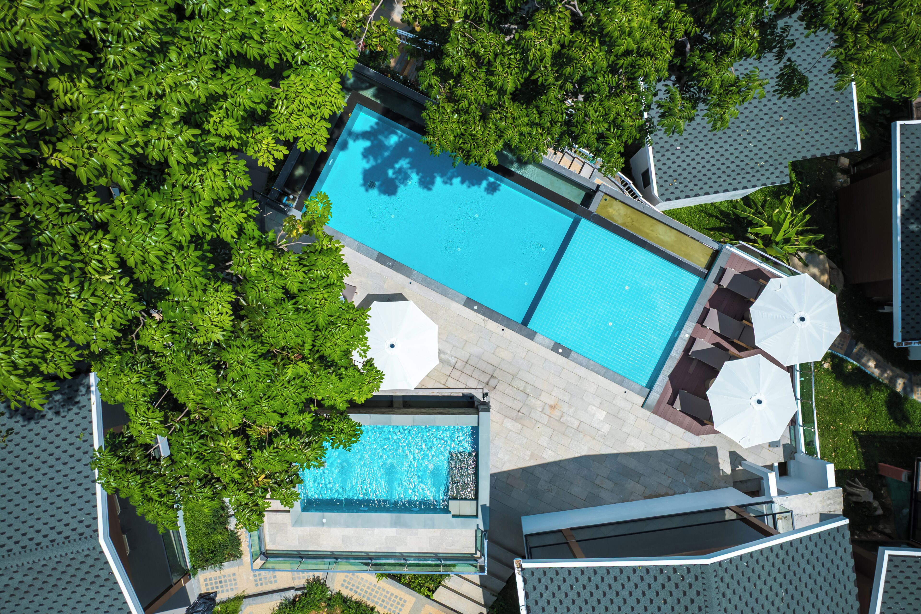 An aerial view of a swimming pool surrounded by lush greenery, with adjacent lounge areas and a clear sky.