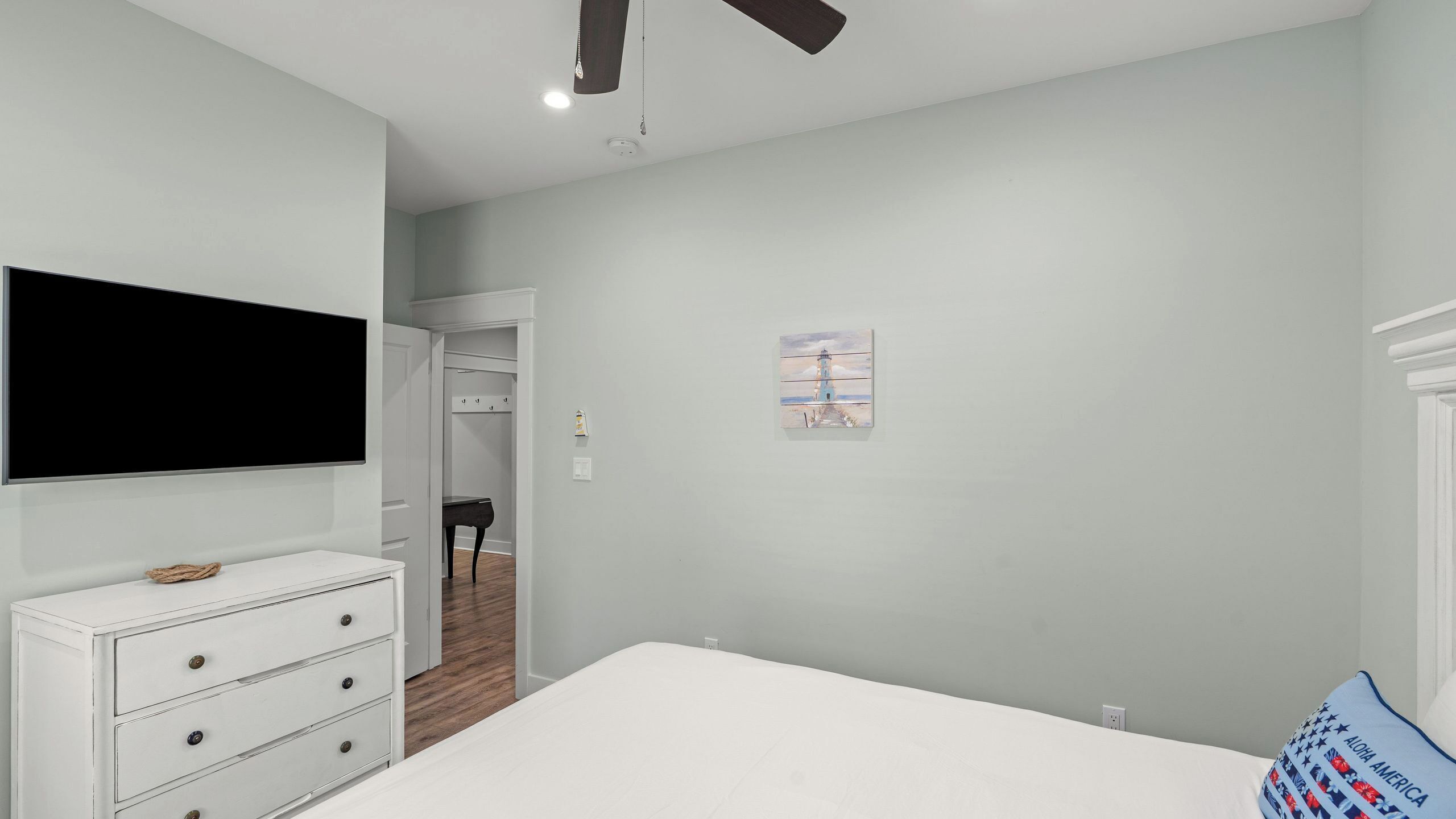A bedroom with a bed, a dresser, a TV, a ceiling fan, a painting, and a closet.