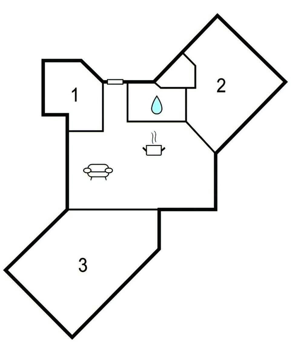Ein Grundriss mit drei Zimmern, einem Badezimmer und einer Küchenzeile.