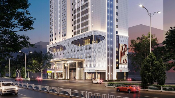 A high-rise hotel with multiple floors, a prominent entrance, and a modern architectural design. - Mehood Lestie Hotel Lanzhou Wanda Plaza (Lanzhou)