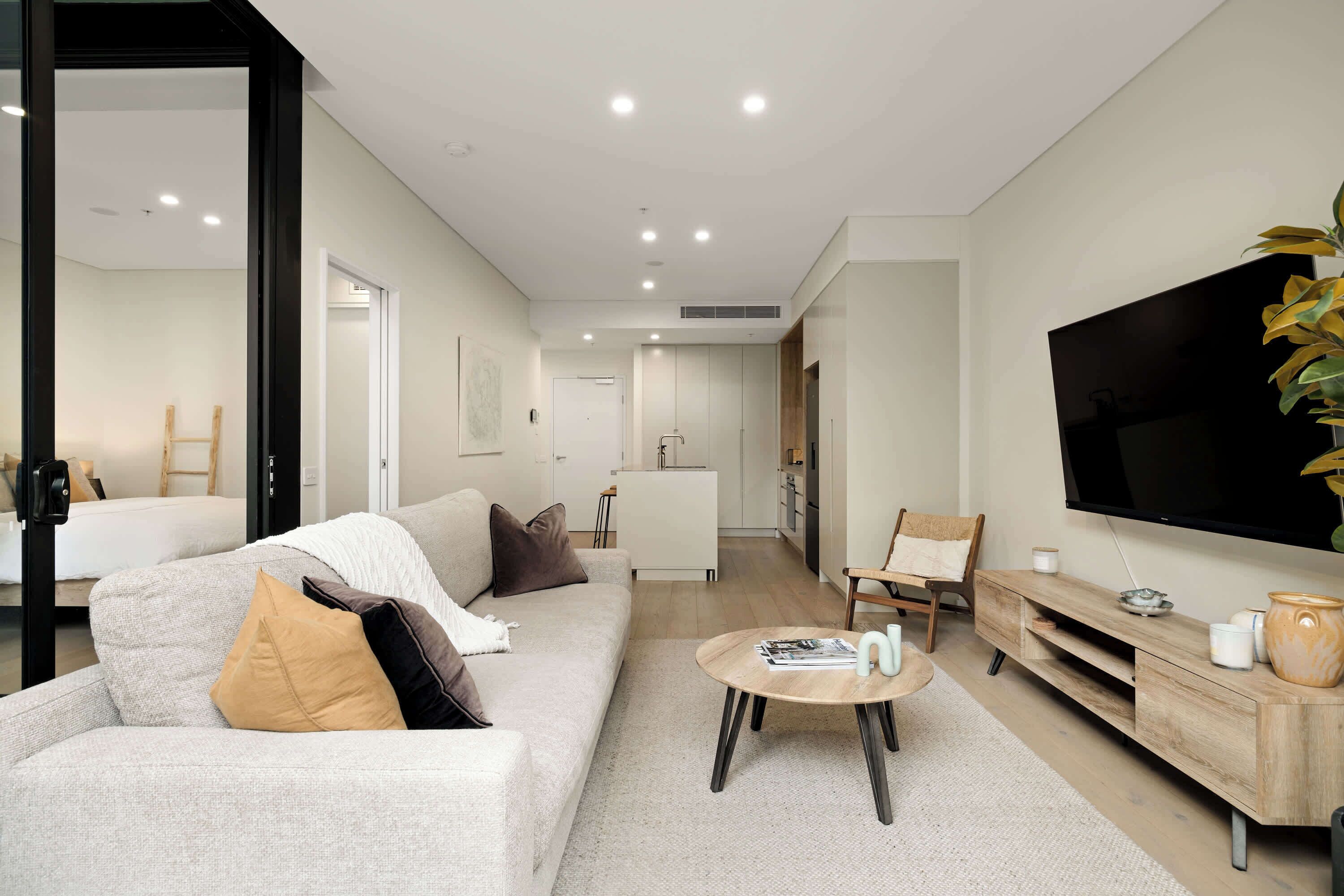 A modern living room with a sofa, coffee table, TV, and a plant.