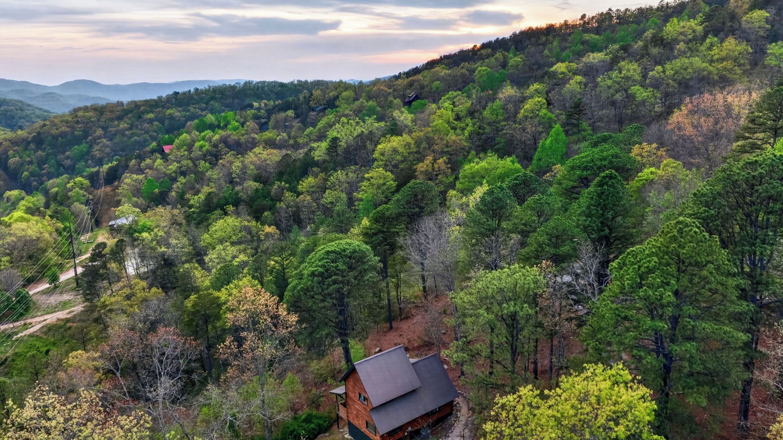 Una cabana envoltada per un bosc dens amb muntanyes al fons.