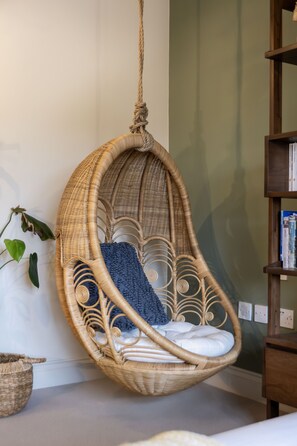 Ein Hängekorbstuhl mit Kissen, eine Pflanze und ein Bücherregal in einem Raum.