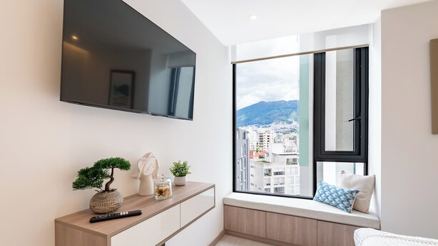 Une chambre moderne avec une grande fenêtre, un téléviseur à écran plat, une table de chevet agrémentée d’une plante et un lit.