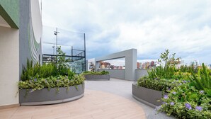 Un jardin sur le toit, agrémenté de jardinières, d’un chemin sinueux et offrant une vue sur la ville.