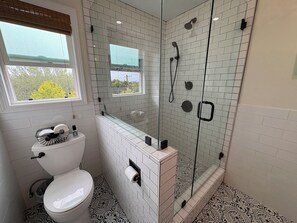 Shower, hair dryer, towels, soap