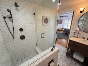 Shower, hair dryer, towels, soap