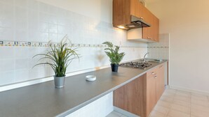 A modern kitchen with white tiles, wooden cabinets, a gas stove, and two potted plants on the counter. - Porto Letizia Toscanini 4, Porlezza, Italy (Porlezza)