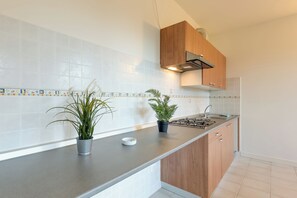 A modern kitchen with white tiles, wooden cabinets, a gas stove, and two potted plants on the counter. - Porto Letizia Toscanini 4, Porlezza, Italy (Porlezza)