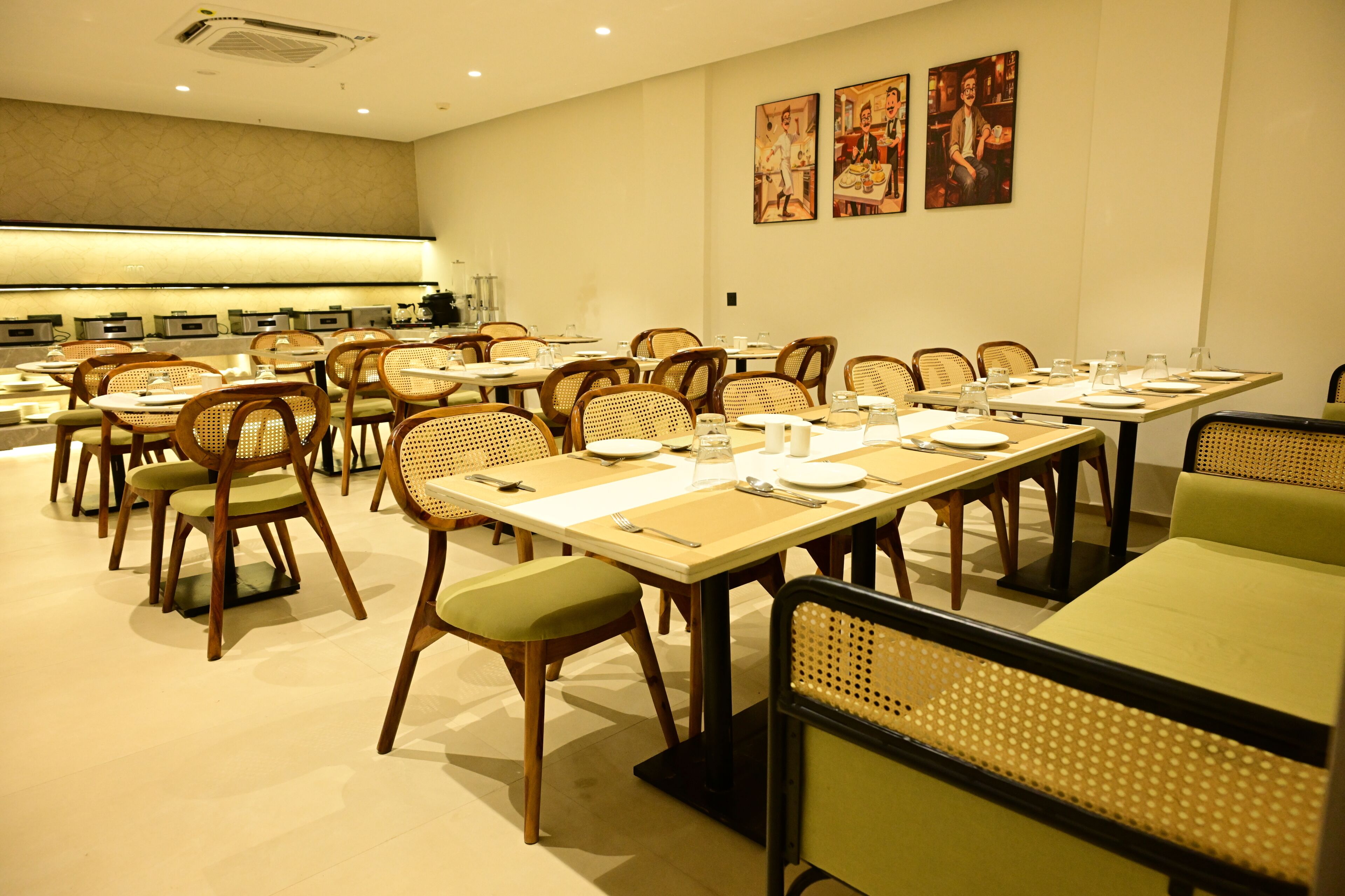 A dining area with multiple tables and chairs, equipped with table settings and chairs.