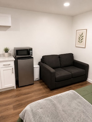 Una habitación compacta con kitchenette, un sofá gris, un bote de basura pequeño y una planta enmarcada en la pared.