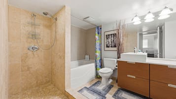 Hair dryer, towels, soap, shampoo