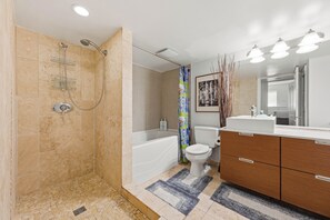Hair dryer, towels, soap, shampoo