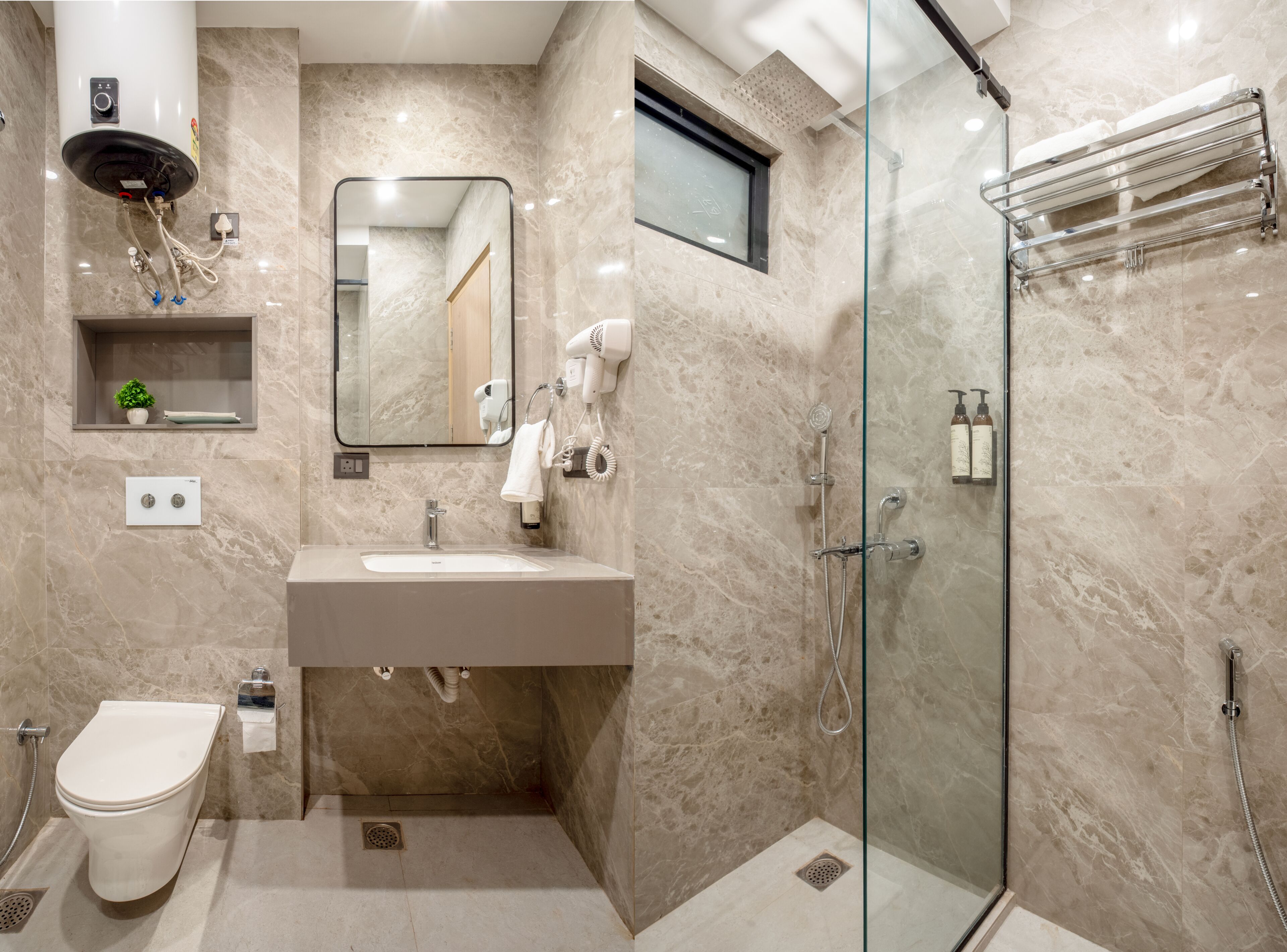 Shower, free toiletries, hair dryer, slippers