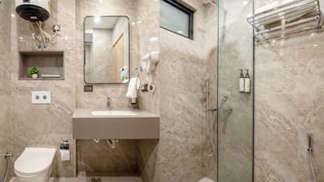 Shower, free toiletries, hair dryer, slippers
