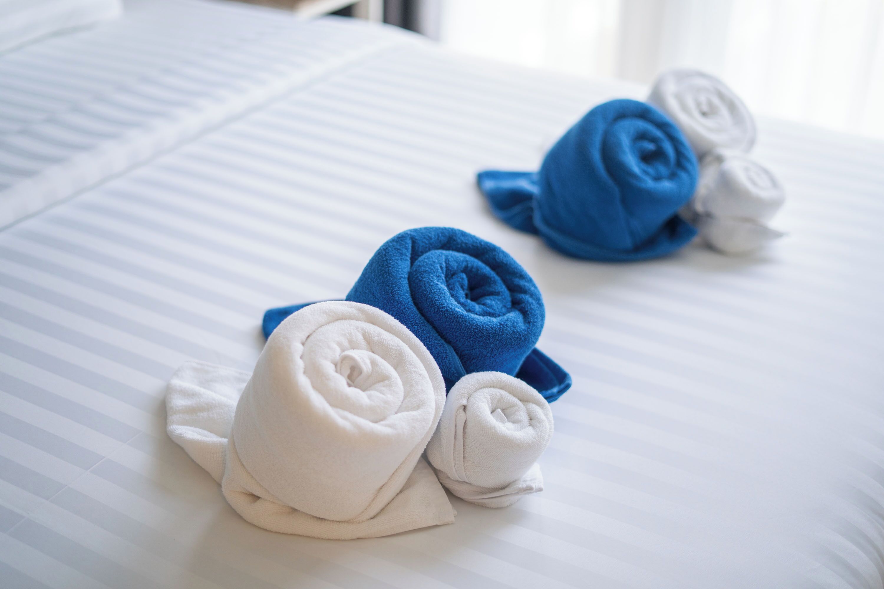 A bed with neatly rolled towels in white and blue.