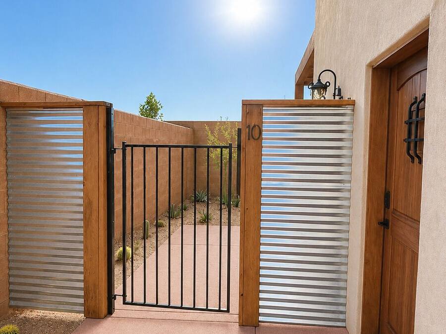 Una entrada protegida con un portón de metal, una puerta de madera y un cartel con el número 10.