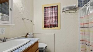 A bathroom with a sink, toilet, and shower curtain. - Unique Woodland Glamping Dome with Stargazing & Nature Retreat near Wolfe City, TX (Wolfe City)