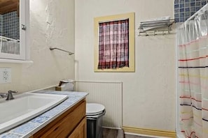 Un bagno con lavandino, WC e tenda per la doccia.