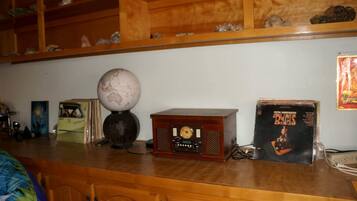 A wooden shelf with a globe, a radio, and a vinyl record.