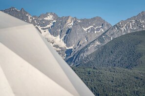 Eine gebirgige Landschaft mit felsigen Gipfeln und dichtem Wald.