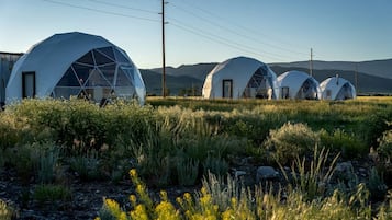 Geodesic dome structures in a natural setting with a clear sky.