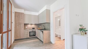 A modern kitchen with wooden cabinets, a built-in oven, and a sink. - Porto Letizia Napoli 2, Porlezza, Italy (Porlezza)