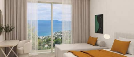 Suite estudio junior, vista parcial al mar | Caja de seguridad en la habitación, cortinas blackout y insonorización