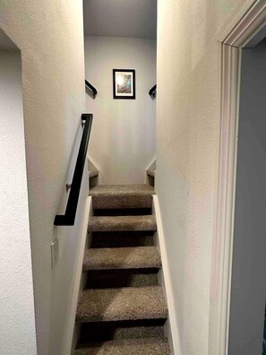 Eine Teppichstufen Treppe mit Handlauf, ein gerahmtes Bild an der Wand und eine Tür am unteren Ende.