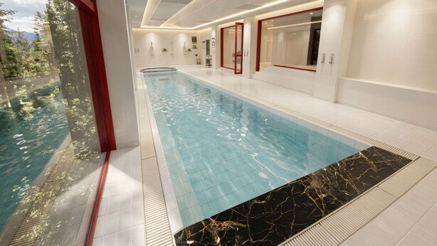Una piscina interior moderna con vistas a árboles fuera.