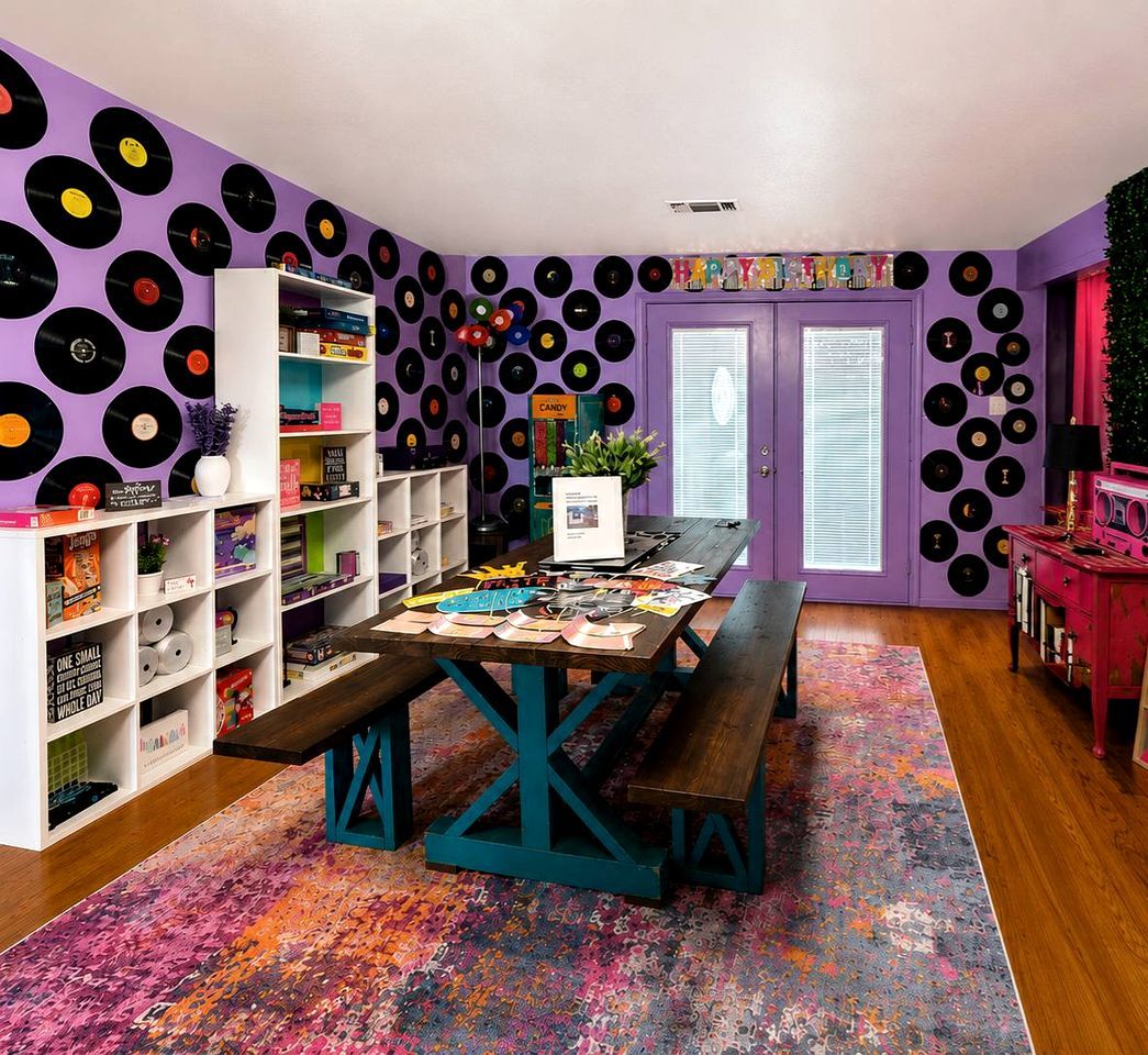 A room with a purple wall decorated with vinyl records, a wooden table with a colorful rug, and a white bookshelf.