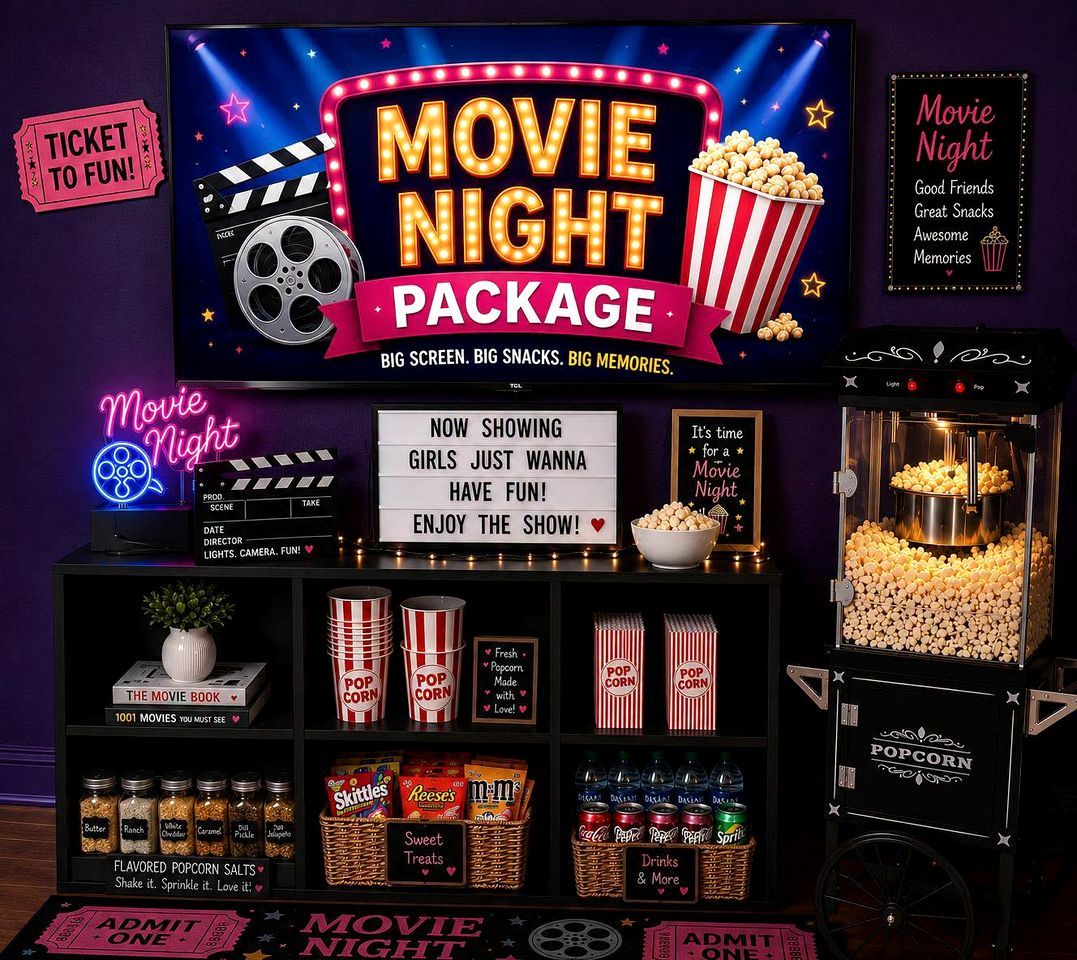 A movie night package with a large screen, popcorn, and various snacks.
