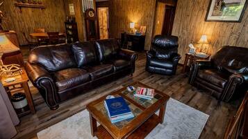 TV, fireplace, video library