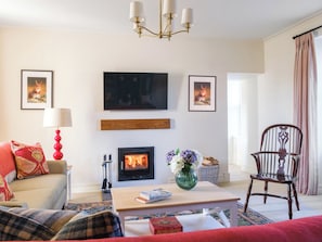 A living room with a fireplace, a sofa, a coffee table, a TV, and a chair.