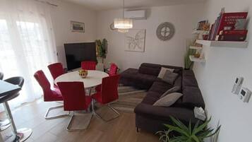 Smart-tv, eldstad, dvd-spelare och böcker