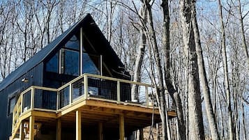 A modern wooden cabin with a balcony, surrounded by trees.