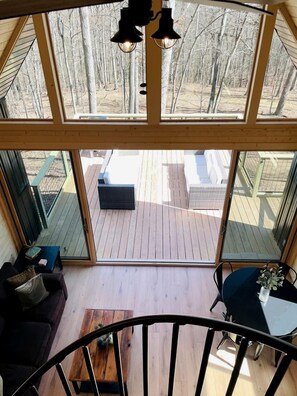 Une pièce spacieuse dotée d’un plancher en bois, d’un canapé aux couleurs sombres, d’une petite table sur laquelle est posé un vase, et offrant une vue sur une terrasse en bois et un espace extérieur grâce à de grandes fenêtres.