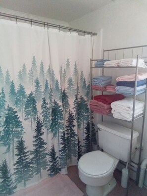 A bathroom with a forest-themed shower curtain, a toilet, and a metal shelf with folded towels. - Homestead on Mill St. (Woolrich)