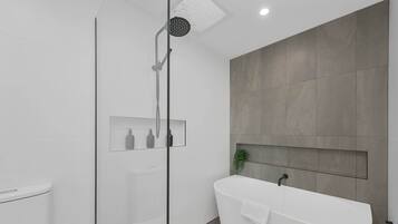 Shower, hair dryer, towels, shampoo