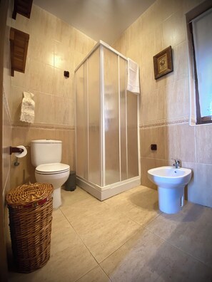 Shower, hair dryer, bidet, towels
