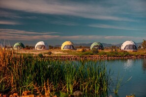 Structures en forme de dôme géodésique situées au bord d’un plan d’eau, sous un ciel dégagé.